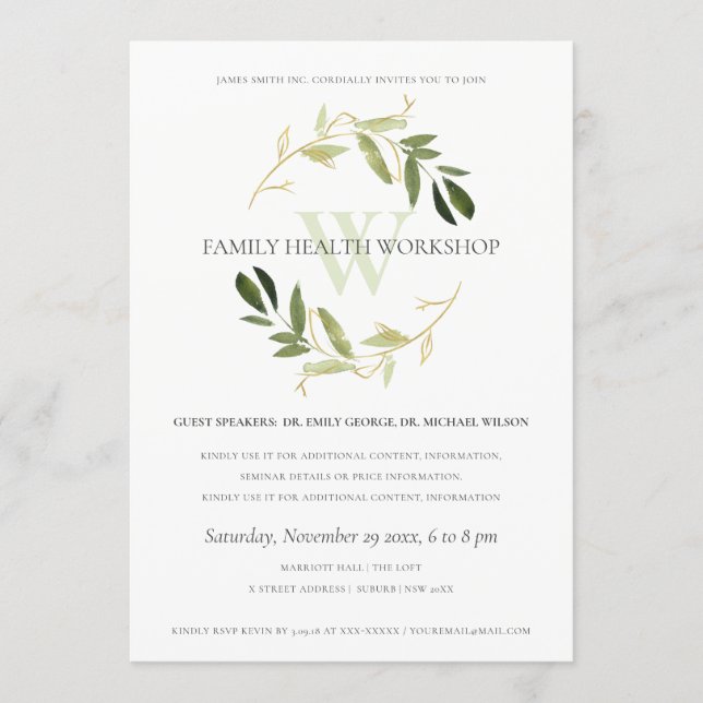 Convites Green Gold Foliage Wreath Workshop Event (Frente)