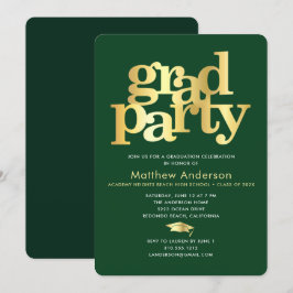 Convites Green Gold Graduation Cap Bold Typography Minimal