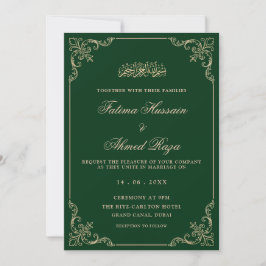 Convites Green Gold Vintage Romantic Script Muslim Wedding