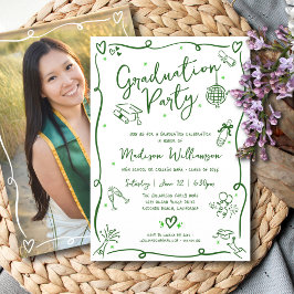 Convites Green Hand Drawn Doodles Graduation Photo Party