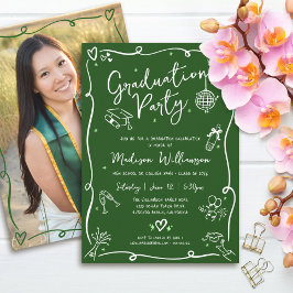 Convites Green Hand Drawn Doodles Photo Graduation Party