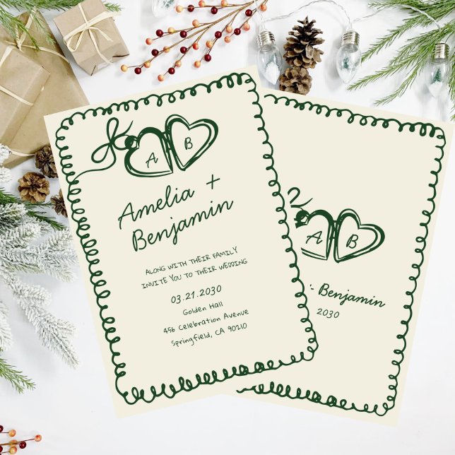 Convites green hand drawn heart Whimsical Wedding  (Criador carregado)