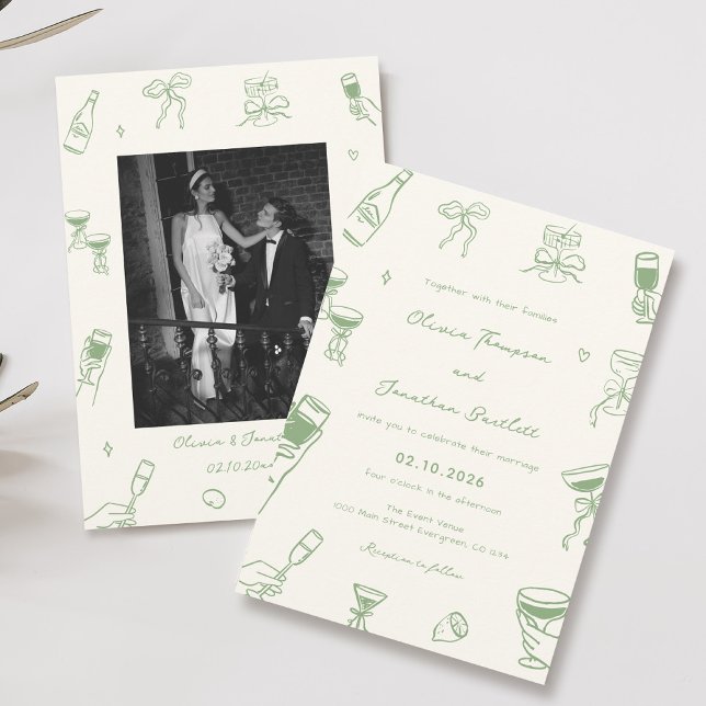 Convites Green Hand Drawn Quirky Wedding (Criador carregado)
