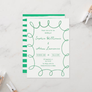 Convites Green Hand Written Pinstripe Whimsical Wedding