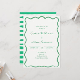 Convites Green Hand Written Pinstripes Whimsical Wedding
