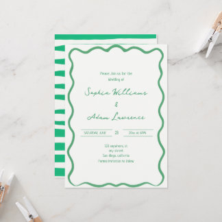 Convites Green Hand Written Pinstripes Whimsical Wedding