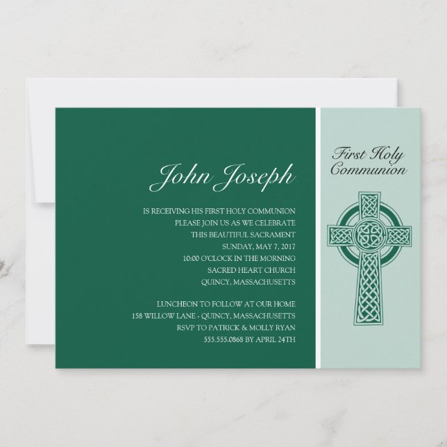 Convites Green Irish Cross First Santa Comunhão (Frente)