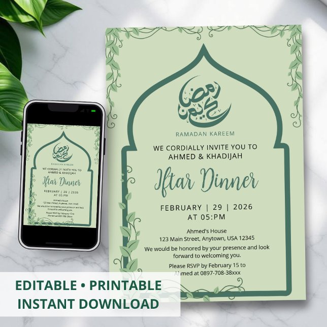 Convites Green Islamic Arch Vine Ramadan Iftar Invitation (Criador carregado)