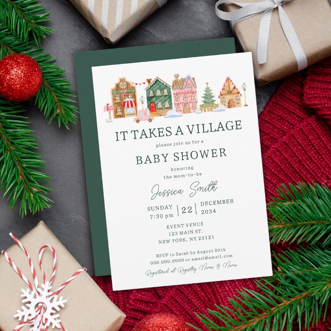Convites Green It Precisa De Um Chá de fraldas De Natal Na  (Green It Takes A Village Christmas Baby Shower Invitation
)