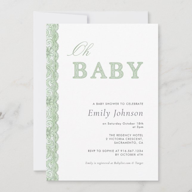Convites Green Lace Gender Neutral Baby Shower Invitation (Frente)