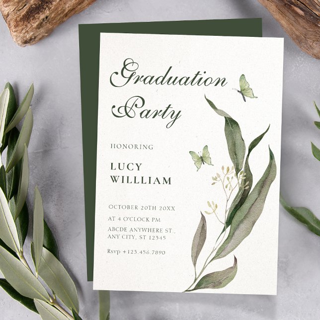 Convites Green leaf Aesthetic elegant graduation  (Criador carregado)