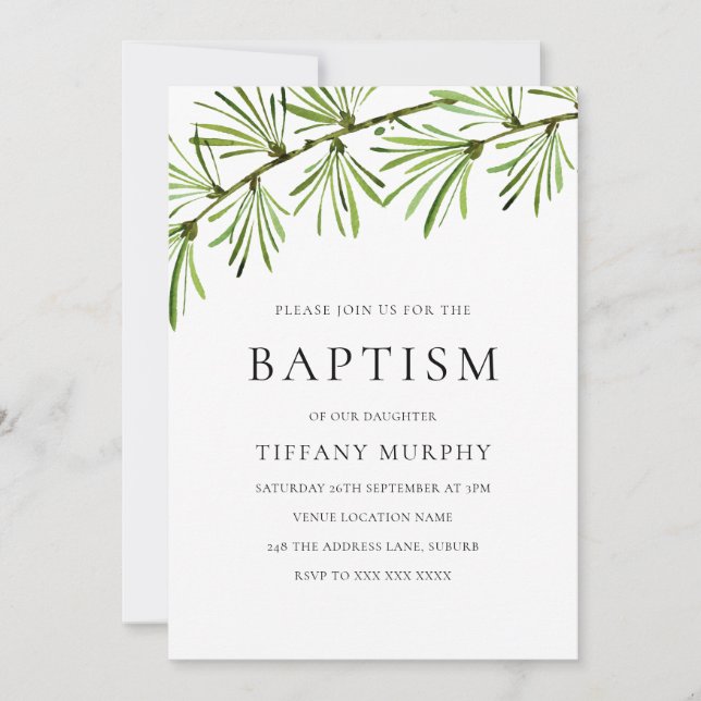 Convites Green Leaf Modern Baptism Cristo ou menina (Frente)