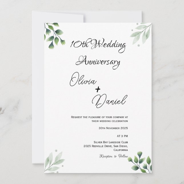 Convites Green Leaf' Standard 10th Wedding Anniversary  (Frente)