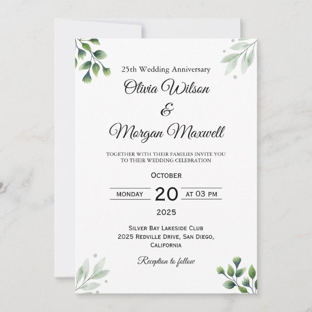 Convites Green Leaf' Standard 25th Wedding Anniversary  (Frente)