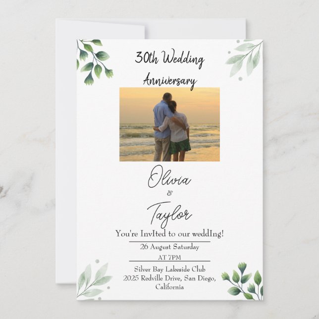 Convites Green Leaf' Standard 30th Wedding Anniversary  (Frente)
