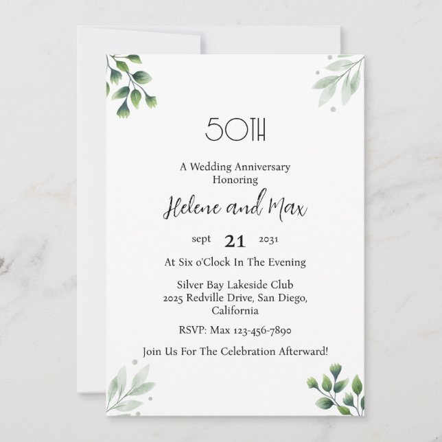 Convites Green Leaf' Standard 50th Wedding Anniversary  (Frente)