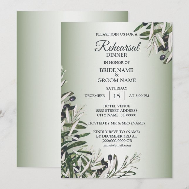 Convites Green Leaves Black Olive Rehearsal Dinner Party (Frente/Verso)