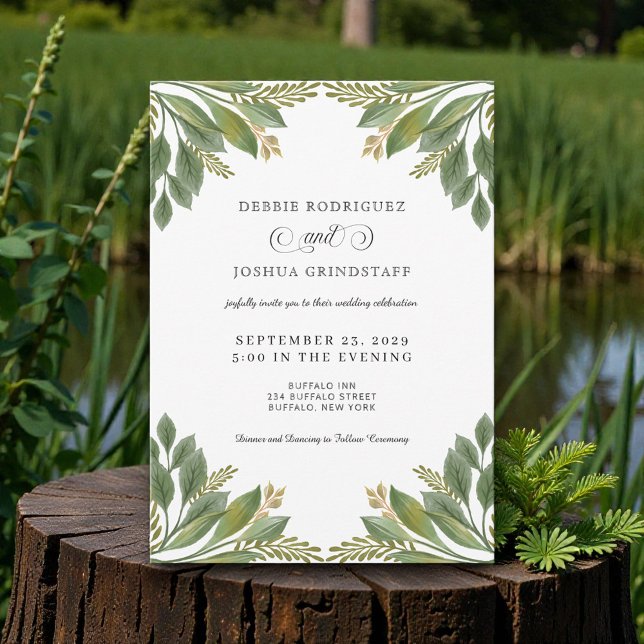 Convites Green Leaves Greenery Wedding Invitation  (Criador carregado)