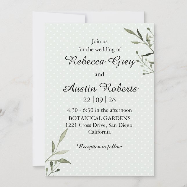 Convites Green Leaves Modern  Minimalist Greenery Wedding (Frente)