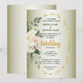 Convites Green Leaves Pink Floral Golden Geometric Wedding