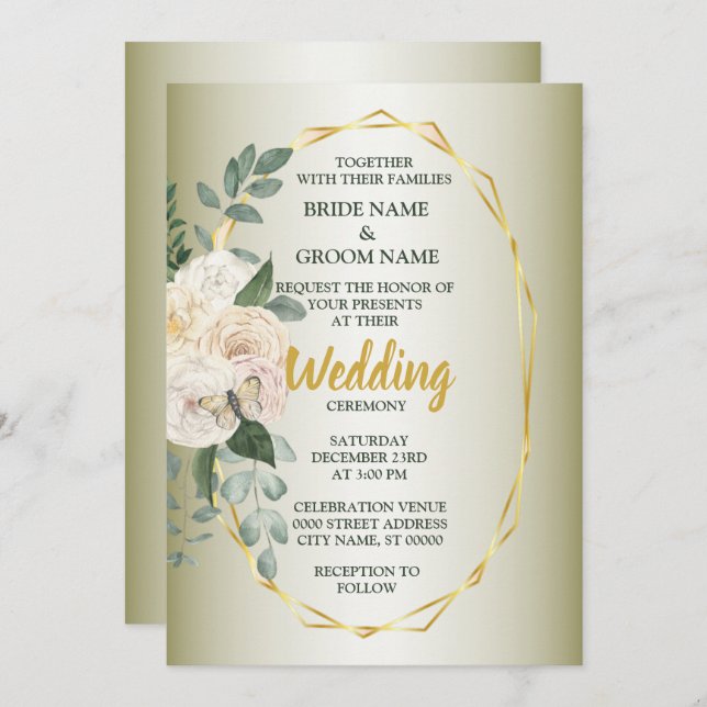 Convites Green Leaves Pink Floral Golden Geometric Wedding (Frente/Verso)