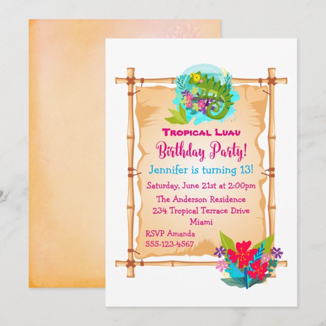 Convites Green Lizard Tropical Luau Birthday Invite (Frente/Verso)