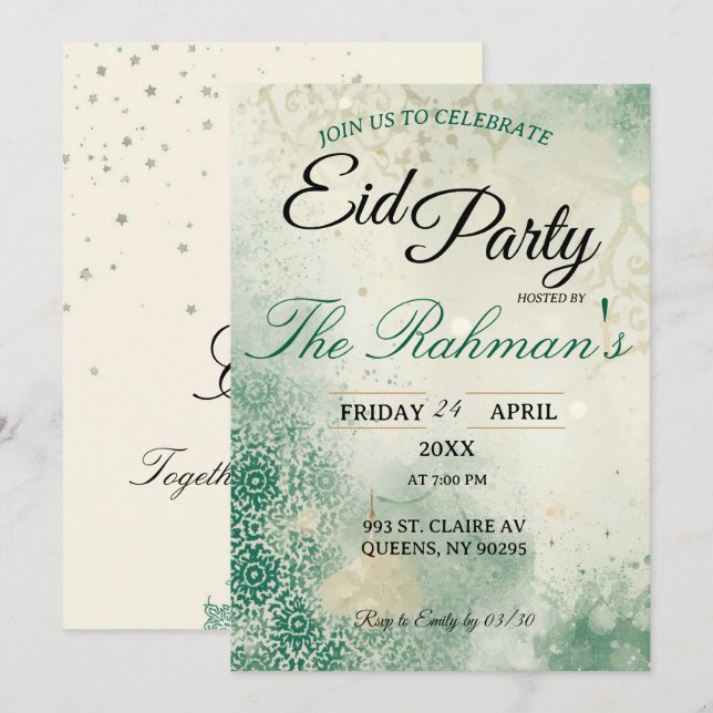 Convites Green Minimalist  elegant Eid Party Invitation  (Frente/Verso)