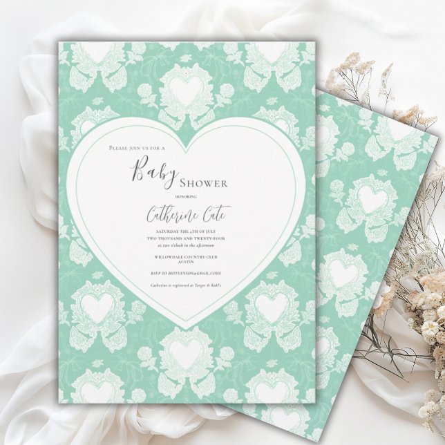 Convites Green Mint Floral Whimsical Heart Baby Shower  (Criador carregado)