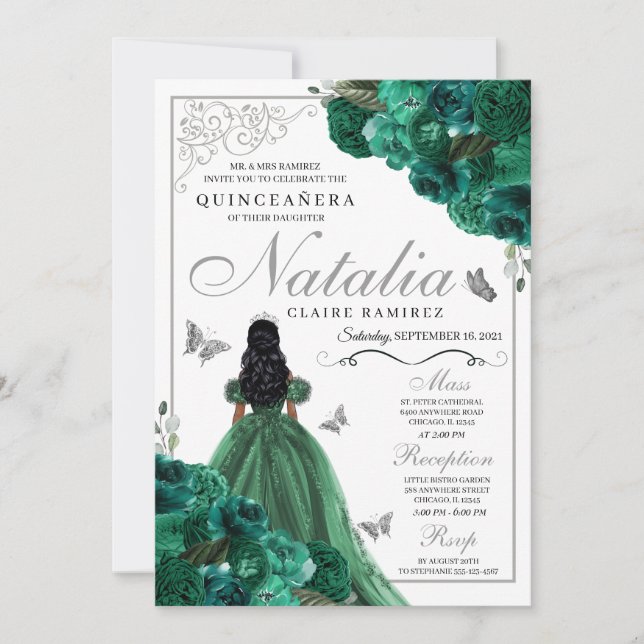 Convites Green Mis Quince Anos Princess Dress Butterflies (Frente)