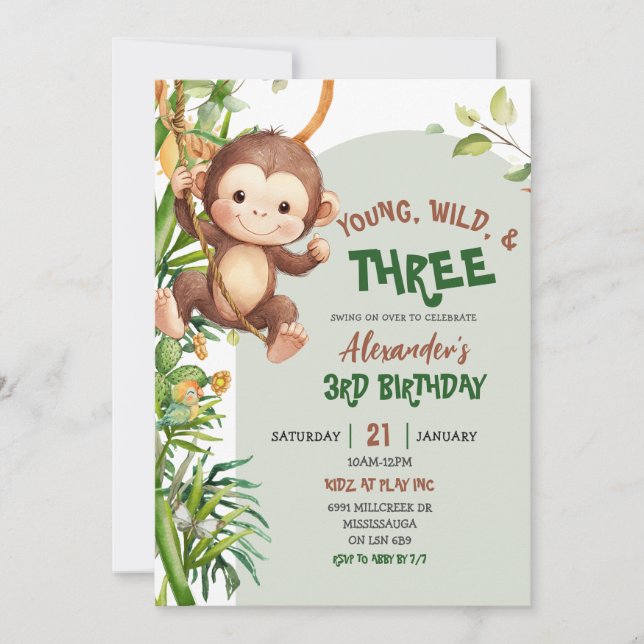 Convites Green Monkey Young Wild Three Third Birthday (Frente)