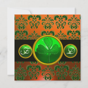 Convites GREEN ORANGE DAMASK, SHAMROCK MONOGRAMA preto