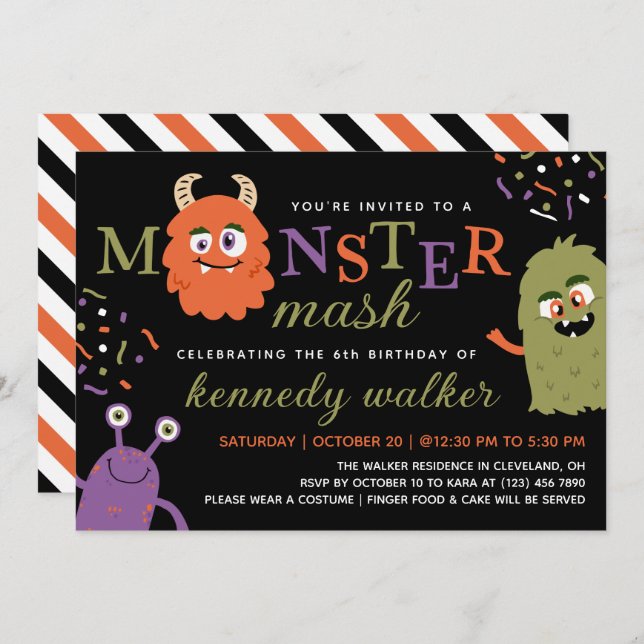 Convites Green Orange Monster Mash Halloween (Frente/Verso)