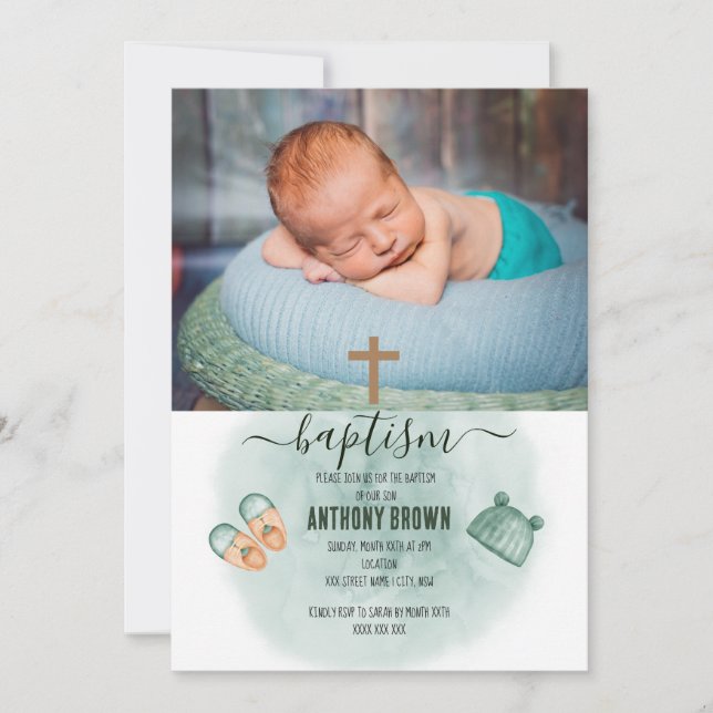CONVITES GREEN & ORANGE WATERCOLOR BAPTISM (Frente)