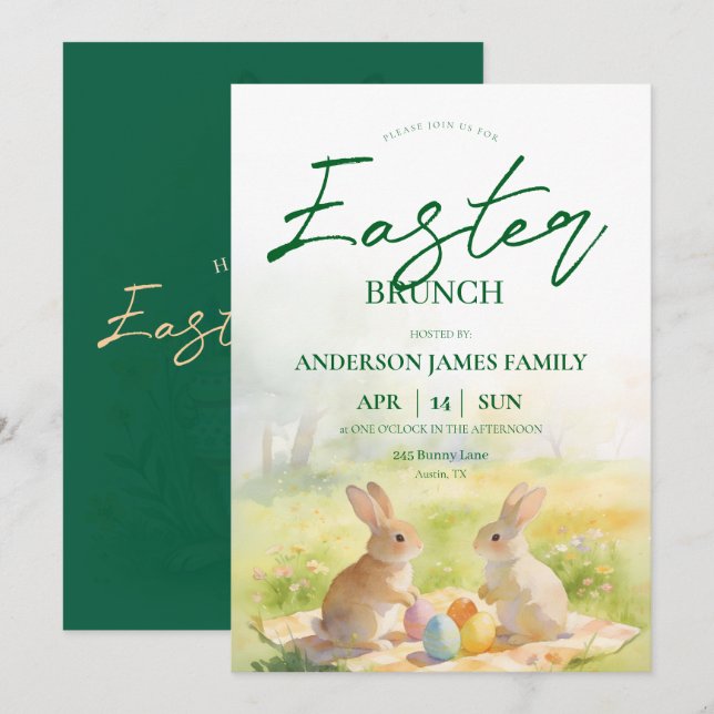 Convites Green Pastel Watercolor Bunny Easter Brunch  (Frente/Verso)