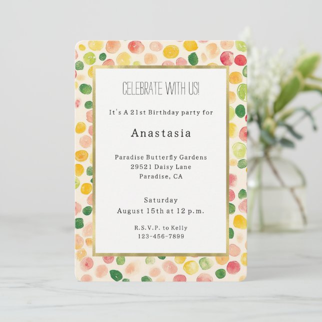Convites Green Peach Rose Red Yellow Fruity Birthday (Em pé/Frente)