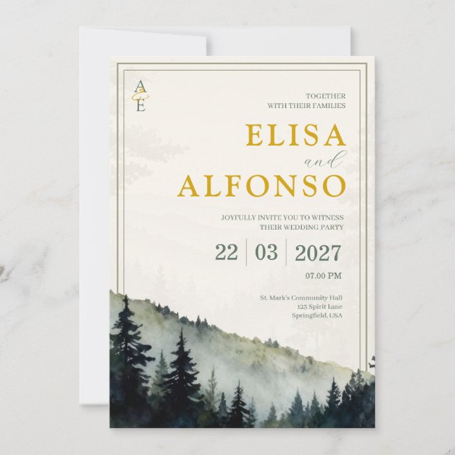 Convites Green Pine Classic Watercolor Monogram Wedding  (Frente)