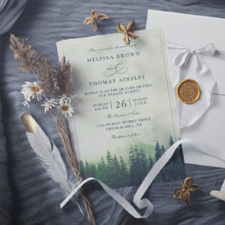 Convites Green Pine Forest Rustic Budget QR Code Wedding