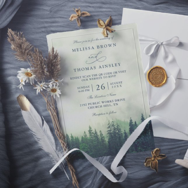 Convites Green Pine Forest Rustic Budget QR Code Wedding (Criador carregado)