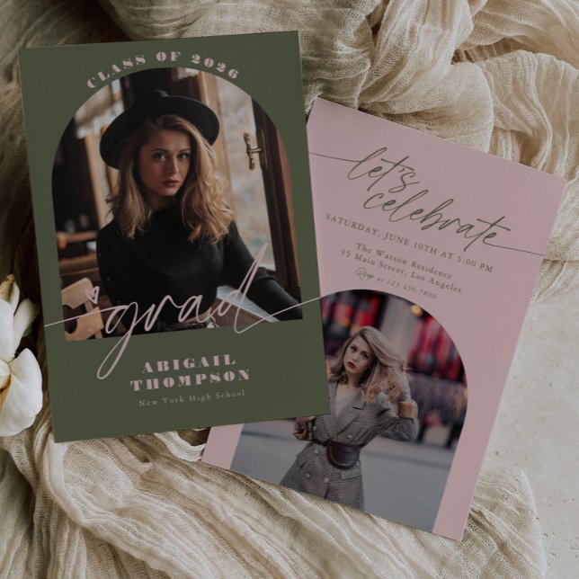 Convites Green & Pink Arch Photo Script Graduation (Criador carregado)