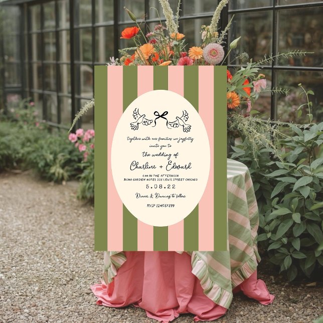 Convites Green Pink Hand drawn Striped Wedding  (Criador carregado)