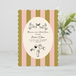 Convites Green Pink Striped Cute illustrated Bridal Shower