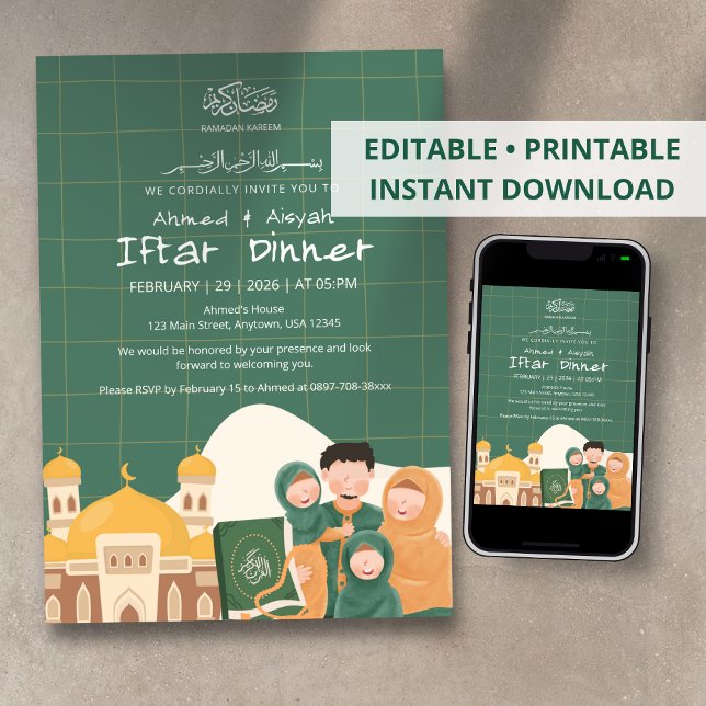 Convites Green Ramadan Iftar Invitation with Mosque, Quran (Criador carregado)
