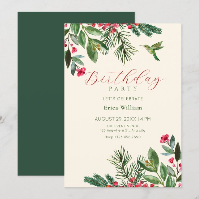 Convites Green red floral birthday (Frente/Verso)