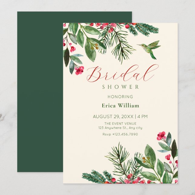 Convites Green red floral bridal shower (Frente/Verso)