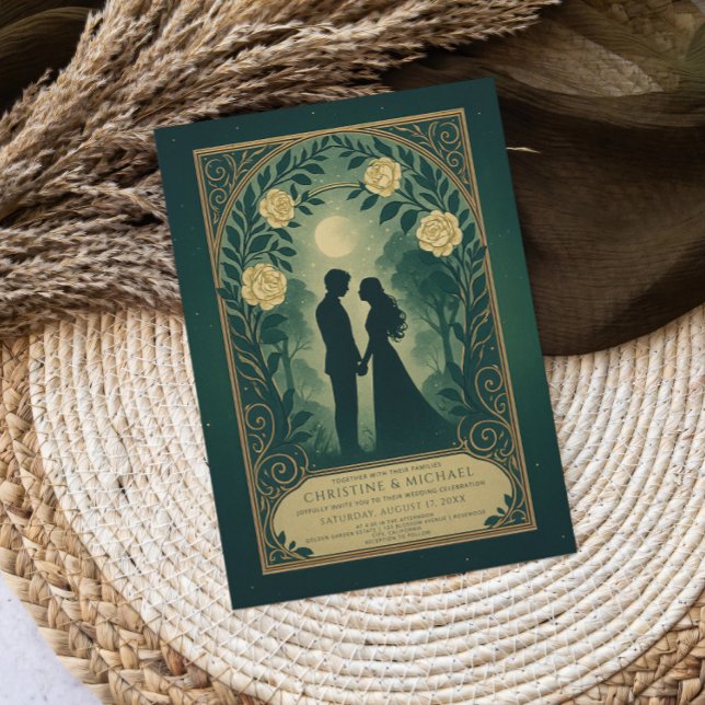 Convites Green Romantic Silhouette Couple Wedding Invite (Criador carregado)