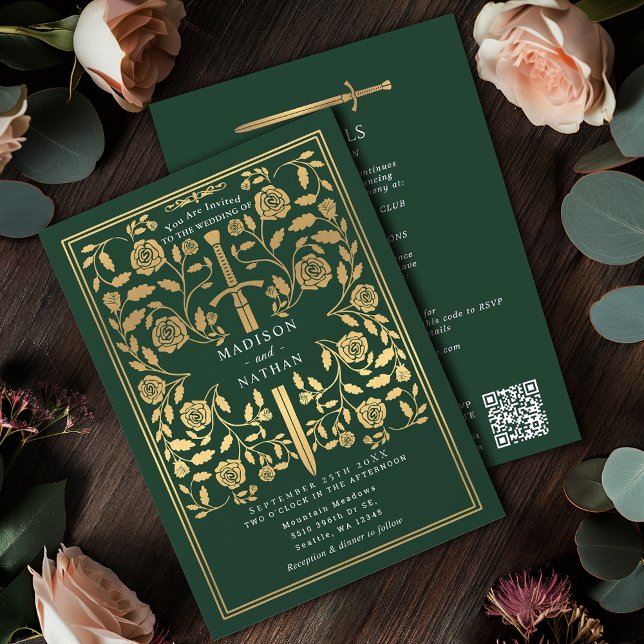 Convites Green Royal Medieval Gold Sword Wedding QR Code (Criador carregado)