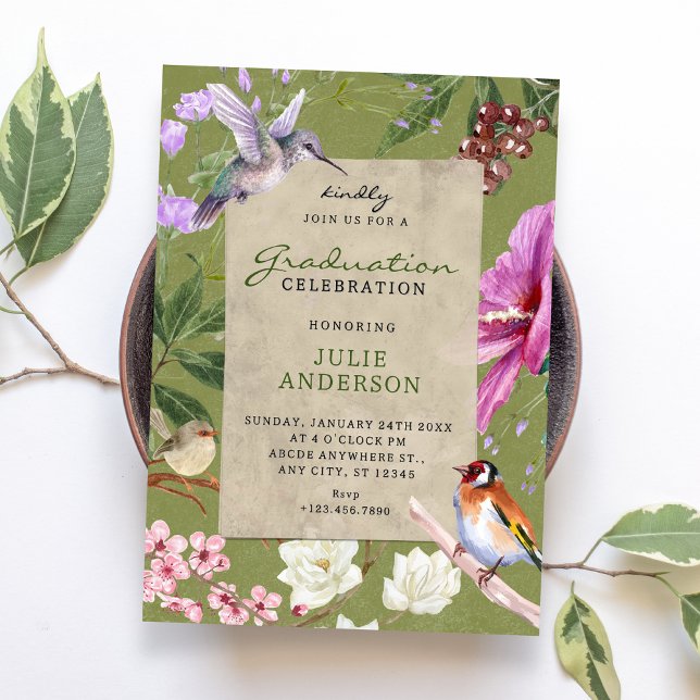 Convites Green rustic floral bird art graduation (Criador carregado)