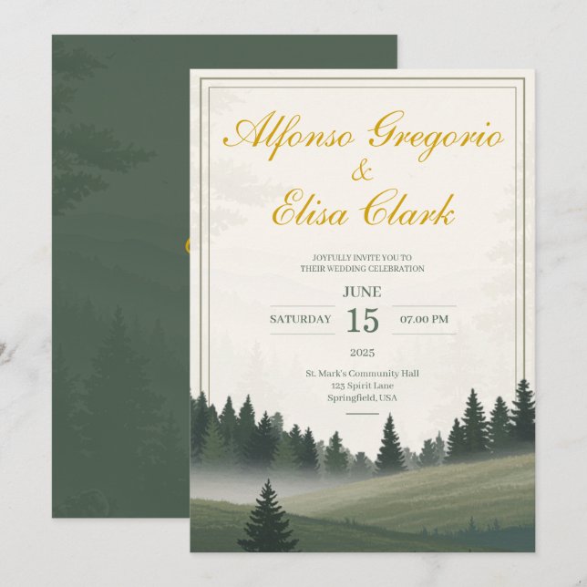 Convites Green Rustic Forest Classic Watercolor Wedding (Frente/Verso)