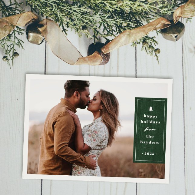 Convites Green Rustic Tree Woodgrain Christmas Photo Card (Criador carregado)