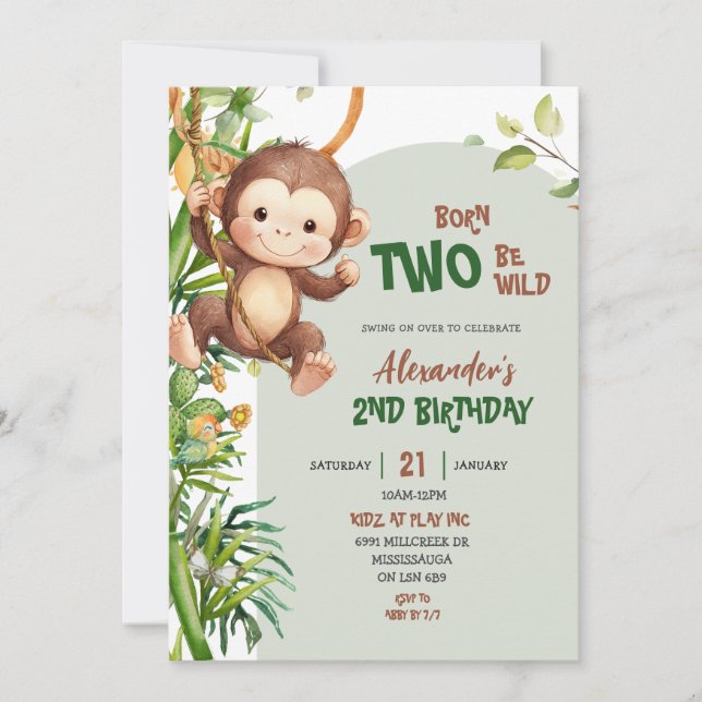 Convites Green Safari Monkey Born Two Be Wild 2nd Birthday (Frente)
